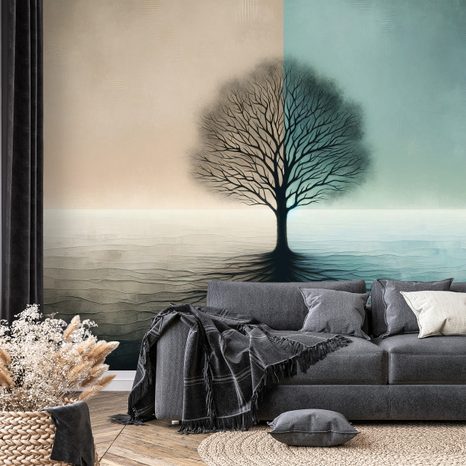 SAMOLEPÍCÍ TAPETA STROM ŽIVOTA V MODRO-BÉŽOVÉM KONTRASTU - ΤΑΠΕΤΣΑΡΊΑ ΔΈΝΤΡΟ ΤΗΣ ΖΩΉΣ - ΤΑΠΕΤΣΑΡΊΕΣ