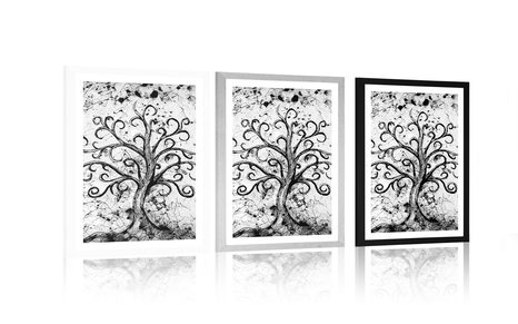 PLAKAT S PASPARTUOM SIMBOL DRVO ŽIVOTA U CRNO-BIJELOM DIZAJNU - CRNO-BIJELE - PLAKATI