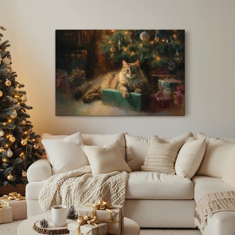 OBRAZ VÁNOČNĚ LADĚNÁ KOČKA U STROMKU - VÁNOČNÍ A ZIMNÍ OBRAZY - OBRAZY