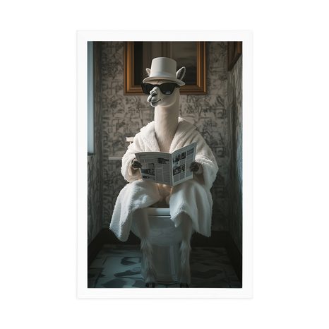 POSTER ALPAKA MIT EINER ZEITUNG AUF DEM KLO - TIERE - POSTER