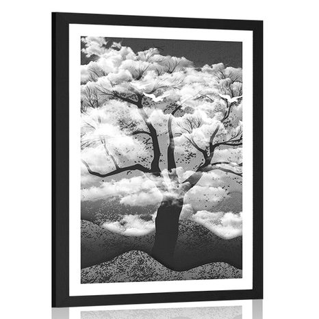 AFFICHE AVEC MONTURE ARBRE EN NOIR ET BLANC COUVERT DE NUAGES - NOIR ET BLANC - AFFICHES