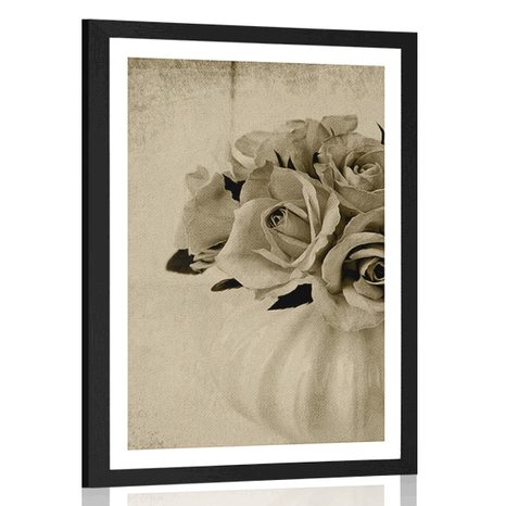 POSTER MIT PASSEPARTOUT ROSEN IN DER VASE IN SEPIA - SCHWARZ-WEISS - POSTER