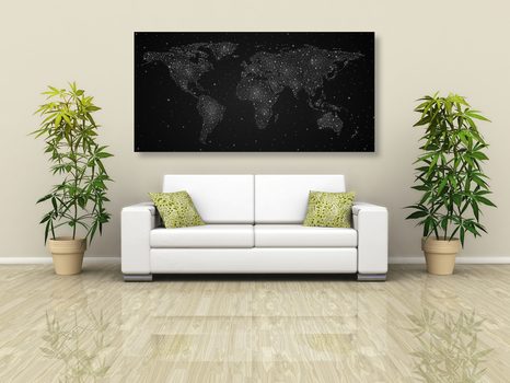 QUADRO SU TELA – MAPPA DEL MONDO CON CIELO NOTTURNO IN BIANCO E NERO - QUADRI MAPPE - STAMPE E QUADRI