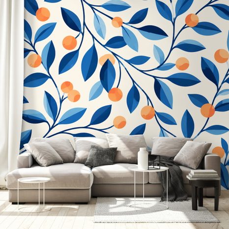 ZELFKLEVEND FOTOBEHANG BLAUWE TAKJES MET ORANJE VRUCHTEN - FOTOBEHANG BLOEMEN - FOTOBEHANG