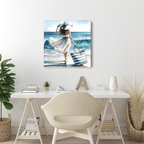 WANDBILD SOMMERLICHER SPAZIERGANG AM STRAND - BILDER MEER UND STRAND - BILDER