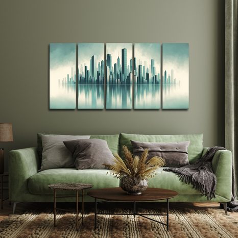 5-DÍLNÝ OBRAZ SILUETA MĚSTA S ODRAZEM VE VODĚ - OBRAZY MĚSTA - OBRAZY
