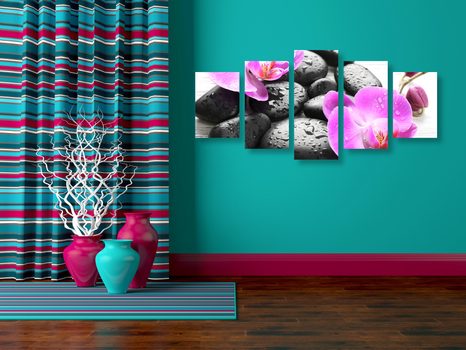 5-DÍLNÝ OBRAZ KRÁSNÁ SOUHRA KAMENŮ A ORCHIDEJE - OBRAZY FENG SHUI - OBRAZY