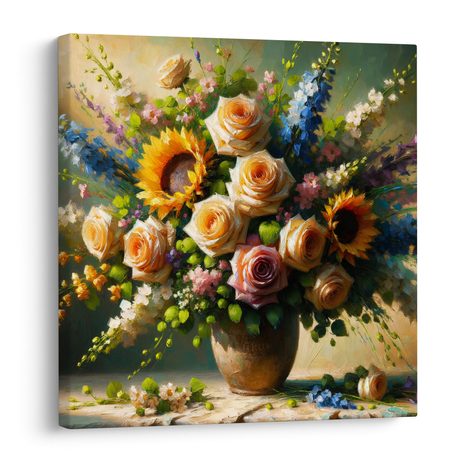 TABLEAU SUR TOILE – BOUQUET DE ROSES ET TOURNESOLS - TABLEAUX DE FLEURS - TABLEAUX