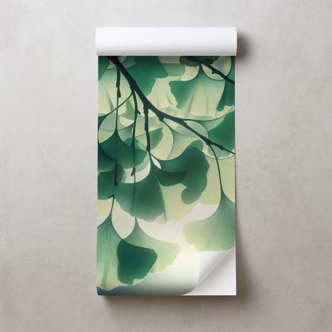 SAMOLEPÍCÍ TAPETA ZELENÉ LISTY GINKGO V ZÁŘI SVĚTLA - TAPETY LISTY - TAPETY