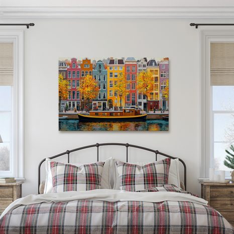 OBRAZ PODZIMNÍ KANÁLY AMSTERDAMU - BAREVNÉ DOMY - OBRAZY