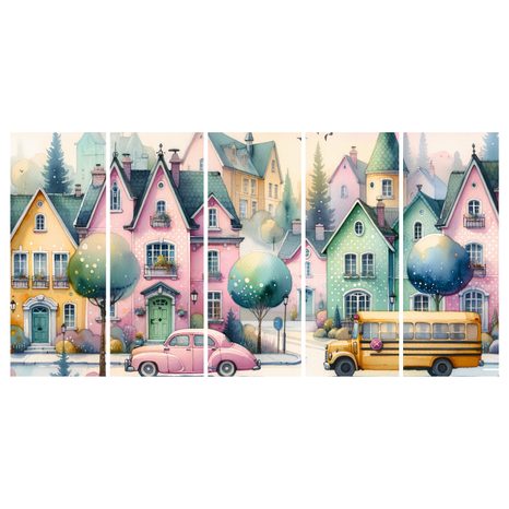 5-CZĘŚCIOWY OBRAZ PASTELOWE MIASTECZKO - OBRAZY DZIECIĘCE - OBRAZY
