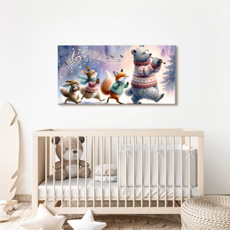 OBRAZ ZIMNÍ PRŮVOD ZVÍŘÁTEK S MELODIÍ - DĚTSKÉ OBRAZY ZVÍŘÁTKA - OBRAZY