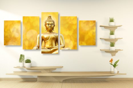 5-TEILIGES WANDBILD GOLDENE BUDDHA-STATUE - BILDER MIT FENG SHUI-MOTIVEN - BILDER