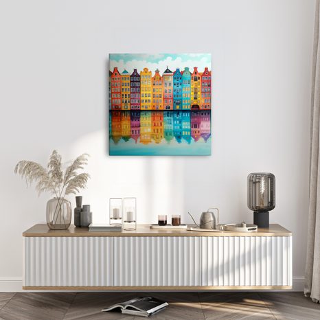 OBRAZ ODRAZ DOMŮ NA VODĚ - BAREVNÉ DOMY - OBRAZY