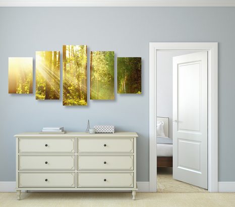 QUADRI 5 PEZZI – RAGGI DI SOLE NELLA FORESTA - QUADRI DI NATURA E PAESAGGIO - STAMPE E QUADRI
