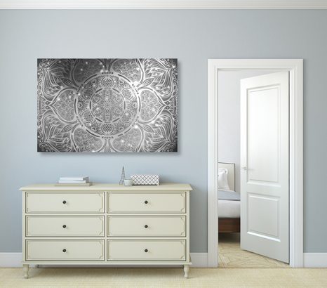 TABLOU MANDALA INDIANĂ CU UN FUNDAL GALACTIC ÎN ALB ȘI NEGRU - TABLOURI ALB-NEGRU - TABLOURI