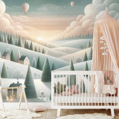 SAMOLEPÍCÍ TAPETA ZIMNÍ KRAJINA S BALÓNY - TAPETY POLE A LOUKY - TAPETY