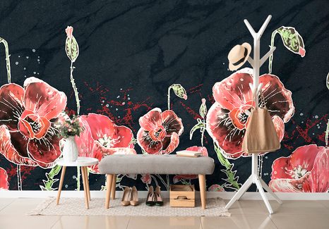 SELBSTKLEBENDE TAPETE ROTE MOHNBLUMEN AUF SCHWARZEM HINTERGRUND - SELBSTKLEBENDE TAPETEN - TAPETEN