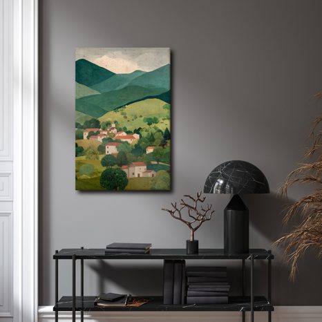 OBRAZ HORSKÉ PANORAMA S VESNICÍ - BAREVNÉ DOMY - OBRAZY