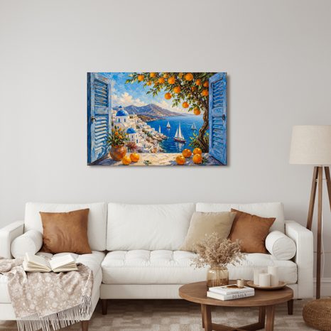 WANDBILD KÜSTE VON SANTORINI MIT ORANGEN - BILDER MEER UND STRAND - BILDER