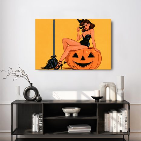 WANDBILD SEXY HEXE AUF EINEM KÜRBIS - HALLOWEEN- UND HORROR-BILDER - BILDER