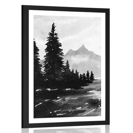 POSTER WITH MOUNT ARTISTIC LANDSCAPE IN BLACK AND WHITE - BLACK AND WHITE - POSTERS