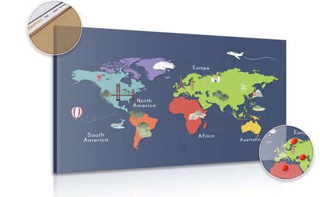 DECORATIVE PINBOARD WORLD MAP WITH LANDMARKS - PICTURES ON CORK - PICTURES