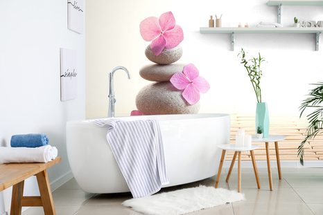 FOTOTAPETA BALANS KAMENŮ A RŮŽOVÉ KVĚTINY - TAPETY FENG SHUI - TAPETY