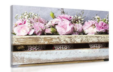 WANDBILD BLUMEN IN EINER HOLZKISTE OHNE HERZ - VINTAGE- UND RETRO-BILDER - BILDER