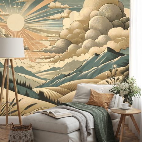 TAPETE RETRO-LANDSCHAFT MIT BERGEN UND SONNE - TAPETEN MIT BERGMOTIVEN - TAPETEN