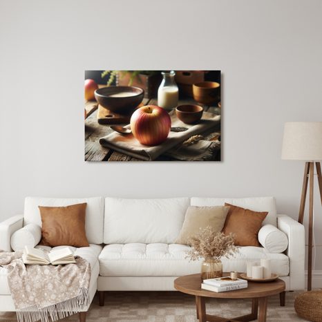 WANDBILD APFEL AUF HOLZTISCH - BILDER VON ESSEN UND GETRÄNKEN - BILDER