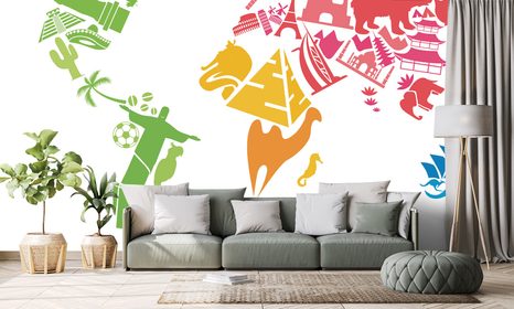 SAMOLEPÍCÍ TAPETA MAPA SVĚTA SE SYMBOLY KONTINENTŮ - SAMOLEPÍCÍ TAPETY - TAPETY