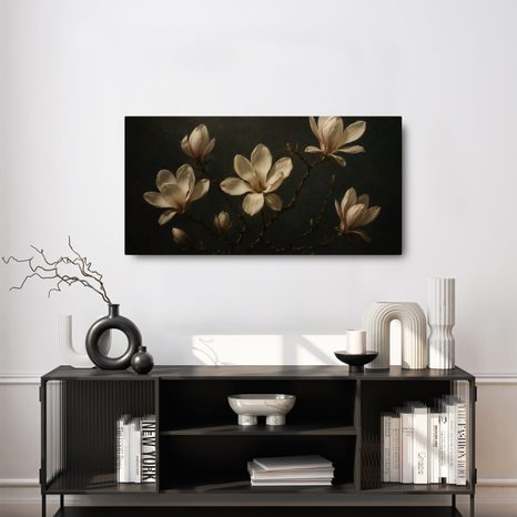 CANVASTAVLA KRÄMVITA MAGNOLIABLOMMOR I NATTEN - BLOMTAVLOR - TAVLOR
