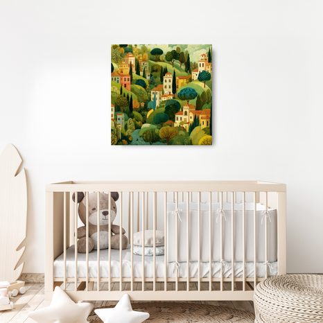 WANDBILD DÖRFLICHE HÄUSER ZWISCHEN BÄUMEN - BUNTE HÄUSER - BILDER