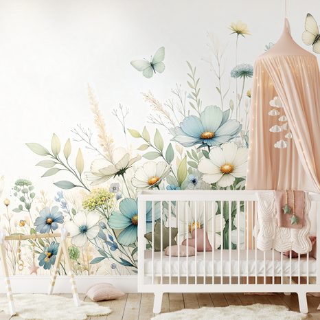 TAPETE PASTELLWIESENBLUMEN UND FLIEGENDE SCHMETTERLINGE - TAPETEN MIT BLUMENMOTIVEN - TAPETEN