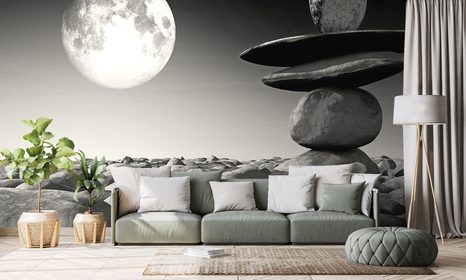 SELBSTKLEBENDE TAPETE STEINE IN SCHWARZ-WEISS IM MONDLICHT - SELBSTKLEBENDE TAPETEN - TAPETEN