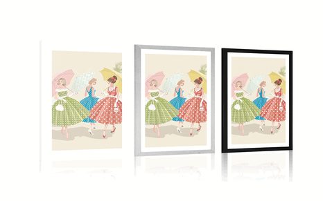 POSTER WITH MOUNT RETRO LADIES WITH UMBRELLAS - VINTAGE AND RETRO - POSTERS
