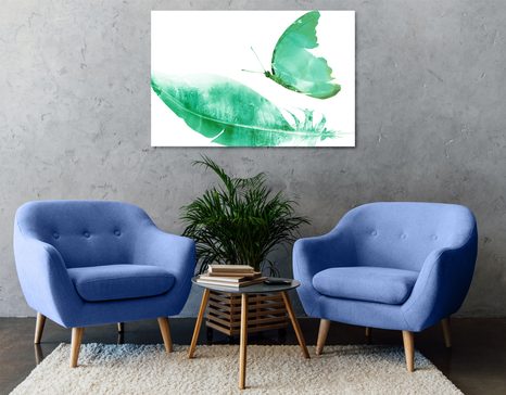 WANDBILD FEDER MIT EINEM SCHMETTERLING IN GRÜN - STILLLEBEN-BILDER - BILDER