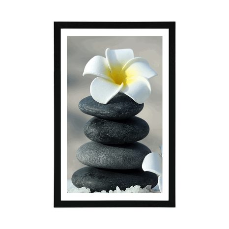 POSTER MIT PASSEPARTOUT HARMONISCHE STEINE UND PLUMERIA-BLÜTE - FENG SHUI - POSTER