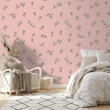 TAPETA RŮŽOVÉ POZADÍ S BÍLÝMI KVÍTKY - VZOROVANÉ TAPETY - TAPETY