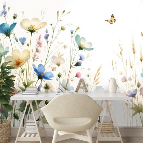 TAPETA PASTELOVÉ KVĚTINY A LÉTAJÍCÍ MOTÝLI - TAPETY KVĚTINY - TAPETY
