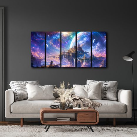 TABLEAU EN 5 PARTIES – ROYAUME CÉLESTE DANS LES NUAGES - IMAGES DE GALAXIE - TABLEAUX