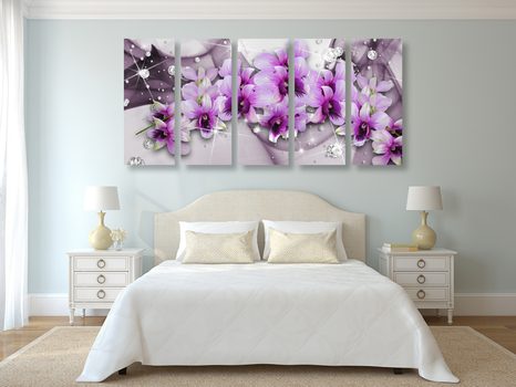 TABLOU 5-PIESE FLORI VIOLETE PE UN FUNDAL ABSTRACT - TABLOU FLORI - TABLOURI