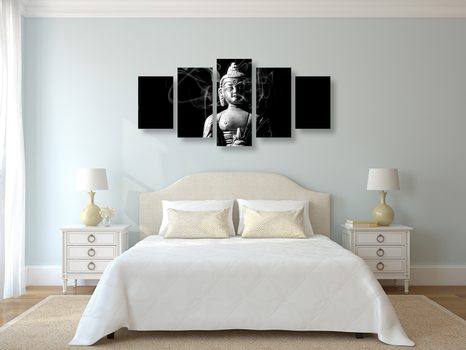 5-DÍLNÝ OBRAZ SOCHA BUDDHY V ČERNOBÍLÉM PROVEDENÍ - ČERNOBÍLÉ OBRAZY - OBRAZY