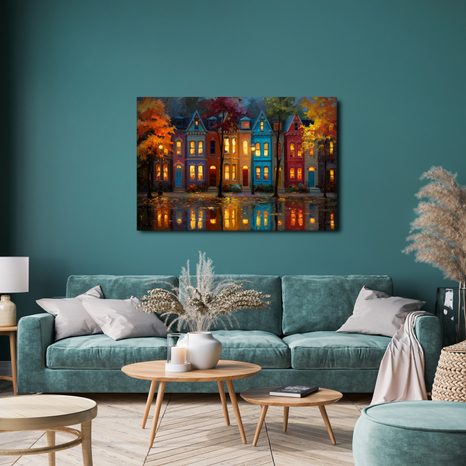 OBRAZ PODZIMNÍ VEČER V MĚSTĚ - BAREVNÉ DOMY - OBRAZY