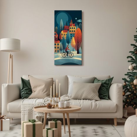 OBRAZ CYKLISTA V ZIMNÍM MĚSTĚ - VÁNOČNÍ A ZIMNÍ OBRAZY - OBRAZY