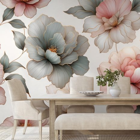 FOTOTAPETE ELEGANTE PASTELLFARBENE BLUMEN MIT BLÄTTERN - TAPETEN MIT BLUMENMOTIVEN - TAPETEN