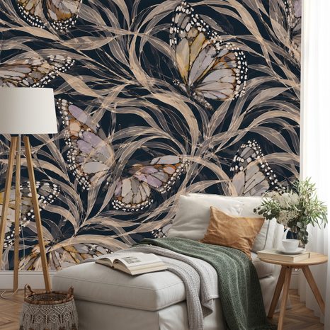 SELBSTKLEBENDE TAPETE ELEGANTE SCHMETTERLINGE AUF DUNKLEM HINTERGRUND - TAPETEN SCHMETTERLINGE - TAPETEN