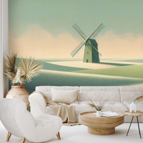 SELBSTKLEBENDE FOTOTAPETE LANDSCHAFT MIT WINDMÜHLE - TAPETEN FELDER UND WIESEN - TAPETEN