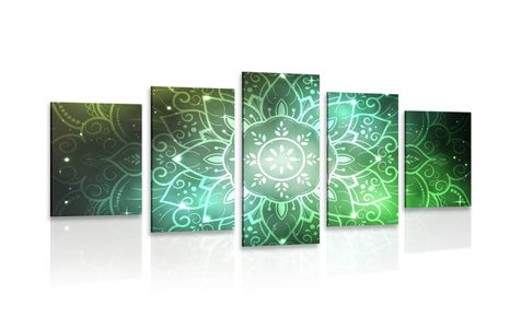 5 PART PICTURE MANDALA WITH GALACTIC BACKGROUND IN SHADES OF GREEN